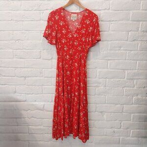 Anthropologie Sunday Mi Amor Midi Dress XS S Red Floral Bohemian Sundress Tiered